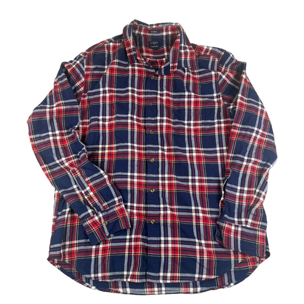 J Crew Mens XL Classic Flannel Shirt Navy Red Plaid Long Sleeve Button Up